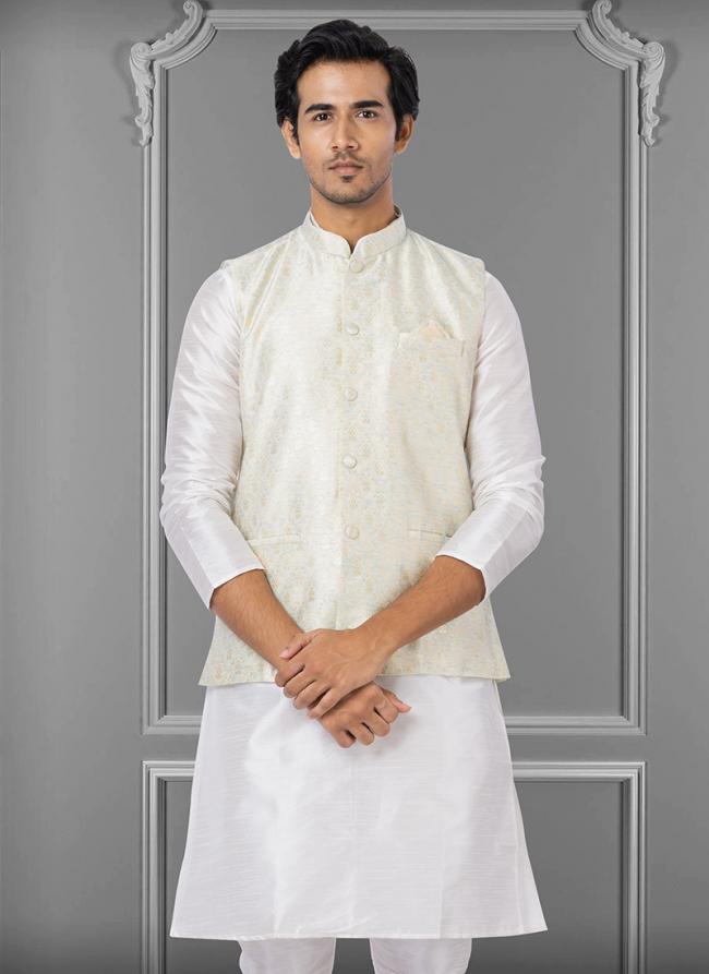 Linen Silk White Festival Wear Embroidery Work Readymade Men's Waistcoat